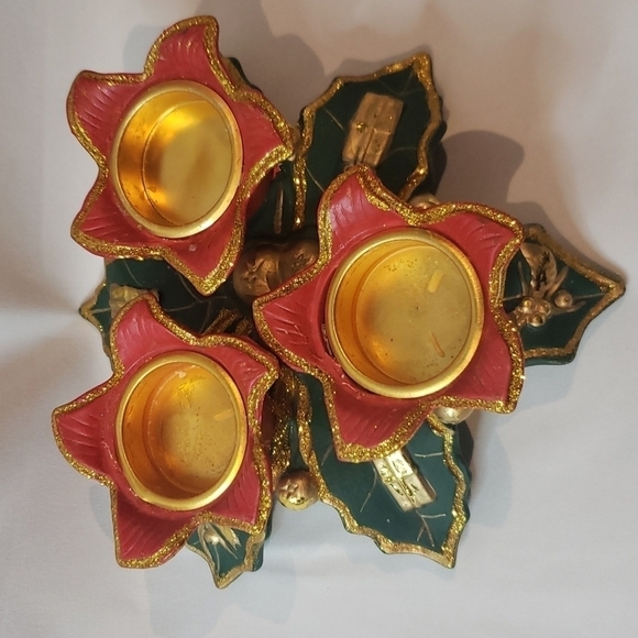 Encore Sales Ltd. clay pottery ceramic Christmas poinsettia 3 tea light holiday - Picture 3 of 15